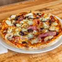 1. Pizza Capricciosa · Homemade pizza sauce, ham, mushrooms, artichokes, olives and mozzarella.