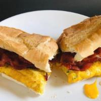 Bacon, Egg and Cheese Hero · A long sandwich on a roll. 