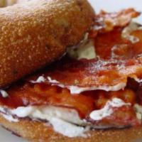 Bagel with Cream Cheese and Bacon · Boiled and baked round bread roll.