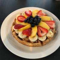 PB & Fruit Waffle · Belgian waffle topped with crunchy peanut butter and fresh fruit! Great way to begin your day.