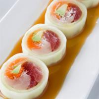 Naruto Roll · Tun, salmon, yellowtail, avocado wrapped with thinly sliced cucumber and ponzu sauce.