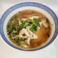 Noodle Soup · Rice noodle with chicken, bean sprout, scallion and cilantro in cleared broth soup.