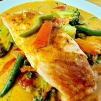 Salmon Panang · panang curry with coconut milk, peanut butter, red bell peppers, broccoli, string beans and ...
