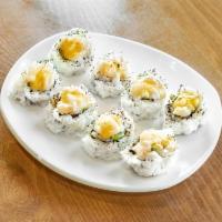 Bake Me Roll · Mayo crab, avocado, cucumber topped with baked spicy scallop.