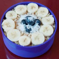Energy acai · banana, dates, blueberries, maca, coconut, rice crispies. gluten free/vegan
