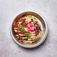 Fish Katsu Bowl ·  Crispy golden brown white fish painted with a chili gochujang sauce, drizzled with Crack Sa...