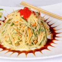 Kani Salad · Shredded crab, cucumber, caviar, crunch topped with sweet and spicy sauce.