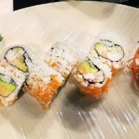 California Roll · Crabstick, avocado, and cucumber wrapped inside out with sesame and tobiko.