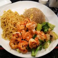 Hibachi Shrimp · Includes clear soup, house salad, fried rice, fried noodles, grilled veggies, 2 pcs shrimp.