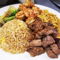 Hibachi Steak and Shrimp Combo · Includes clear soup, house salad, fried rice, fried noodles, grilled veggies, 2 pcs shrimp.