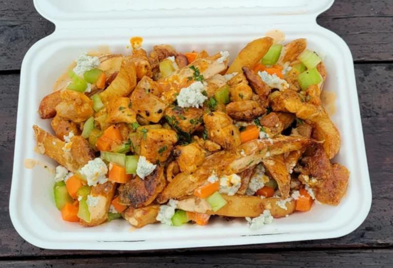 Buffalo Chicken Fries Special · House-cut fries drizzled in Buffalo ranch, blue cheese crumbles, diced celery & carrot, and topped with chicken tossed in a Buffalo sauce.