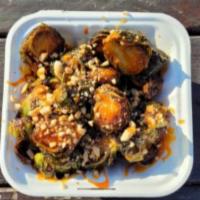 Fried Brussels Sprouts Special · Fried Brussels sprouts tossed with soy sauce, malt vinegar, sesame oil, mirin, and rice wine...