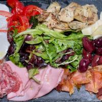 Antipasto · Chef's selection of meats and cheeses, kalamata olives, mixed green salad, and artichoke hea...