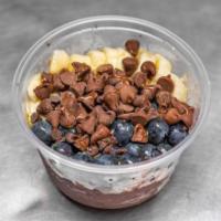 Choco-Loco Acai Bowl · Acai bowl topped with Coconut Flakes, Blueberries, Banana, Honey and Chocolate Chips