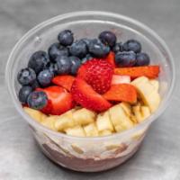 Fresh & Fruity Acai Bowl · Acai Bowl topped with Gluten-Free Granola, Blueberries, Strawberries, Banana & Honey.