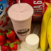 6. Strawberry Slam Smoothie · 24 oz. of strawberry protein, almond milk, strawberry puree, banana and strawberries.