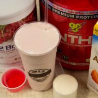 1. Dangerous Dina Shake · 24 oz. of strawberry protein, almond milk, strawberry puree and vitamin B12.