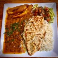 Grilled Chicken Breast · W/ Yellow/ White rice, Fried plantains, Brown and Lentil beans and Home-Made salad 
