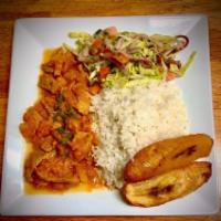 Beef Stew · W/ Yellow/White rice, Fried plantains and Home-Made salad
