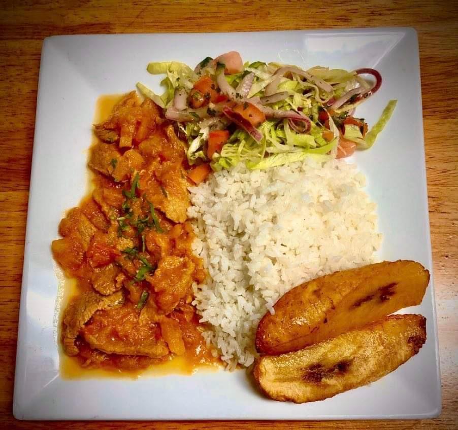 Beef Stew · W/ Yellow/White rice, Fried plantains and Home-Made salad
