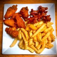 Salchi pollo  · Salchi pollo comes with french fries, small pieces of hot dog and chicken wings 