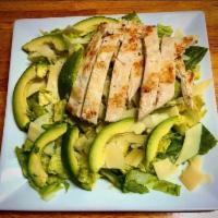 Grilled Chicken Cesar Salad · Grill chicken salad with roman lettuces, slices of avocado, croutons and cheese 