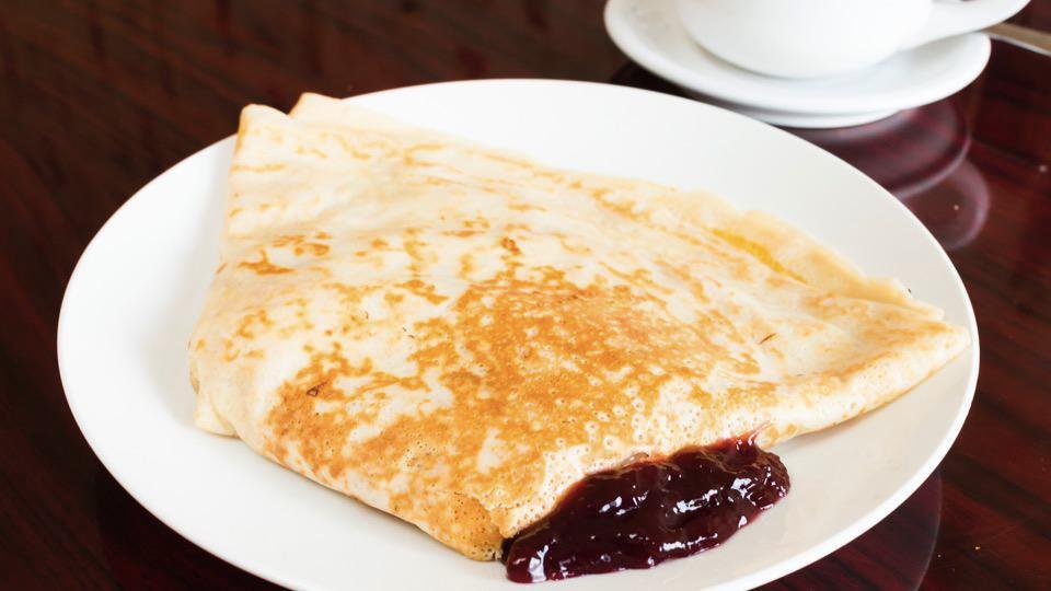 6. Monte Cristo Crepe · Chicken, ham, Swiss cheese, mustard and mayo with a raspberry jam on the side.