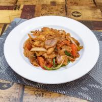 Drunken Noodle · Spicy stir-fried board rice noodle with basil., onion, and bell pepper. Spicy.
