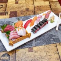 Sushi Sashimi Combo · 5 pieces sushi, 12 pieces sashimi, and 1 piece tuna roll.