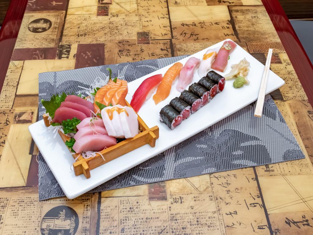 Sushi Sashimi Combo · 5 pieces sushi, 12 pieces sashimi, and 1 piece tuna roll.