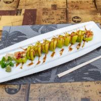 Hulk Special Roll · Spicy tuna spicy salmon eel avocado wrap with green soybean seaweed with eel sauce.