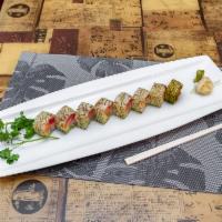 Soho Special Roll · Tuna, salmon, yellowtail, avocado inside, and wrap with marble seaweed.