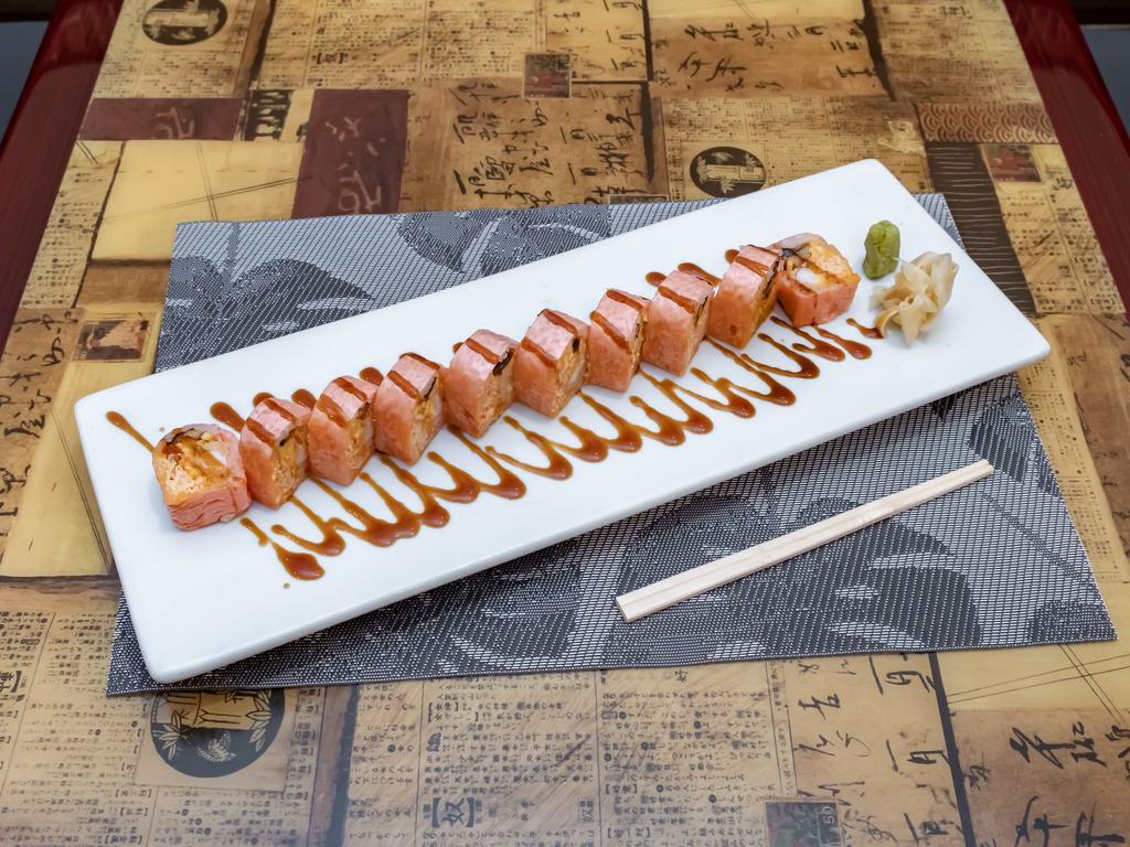 Seton Hall Special Roll · Lobster tempura, eel, spicy tuna, mango, avocado, and cucumber wrapped with soybean paper.