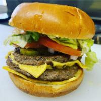 Double Cheese Burger · Double beef patty, double American cheese, lettuce, tomato, pickle, onion.