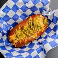 Arena Dog w/ Fries · Cheese whiz, bacon bits, jalapenos, salt and vinegar chips, and mustard.