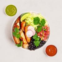 Grilled Fish Burrito Bowl · Grilled fish, white rice, black beans, and pico de gallo.