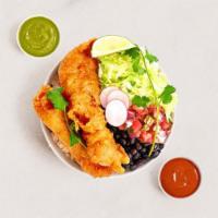 Baja Fish Burrito Bowl · Fried fish, white rice, black beans, and pico de gallo.