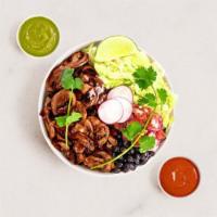 Roasted Mushroom Burrito Bowl · Roasted mushrooms, white rice, black beans, and pico de gallo.