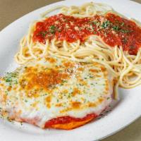 Chicken Parmigiana · Served with a side spaghetti and Served with a side of bread.