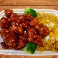 C13b. General Tso's Chicken Combo Plate  · Hot and spicy.