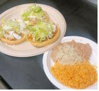 Asada Sopes · Grilled beef.
Thick tortilla topped with beans cheese lettuce tomato sour cream and your cho...