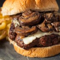 Mushroom Swiss Burger (W/ French Fries)  · Swiss Cheese, Mushrooms & Onions