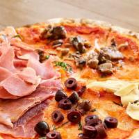 4 Stagioni Pizza · Tomato, mozzarella, mushrooms, artichokes, pesto sauce and prosciutto di Parma.