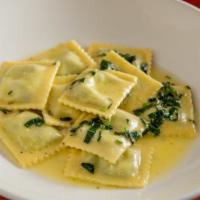 Ravioli Alla Salvia · Homemade spinach and ricotta ravioli served with butter and sage.