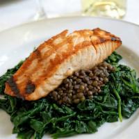 Grilled Fresh Atlantic Salmon · Grilled filet of salmon, lentils, baby spinach and champagne mustard sauce.