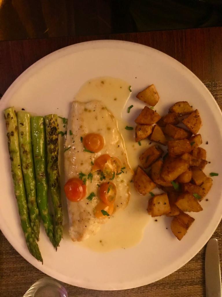Branzino ai Cherry Tomatoes · Sauteed in white wine, served with cherry tomatoes, roasted potatoes and asparagus.