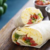 Bacon, Egg, Cheese Wrap · Your choice of wrap with fresh cooked eggs, bacon pieces, and warm melted cheese.