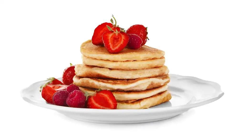Strawberry Pancakes · 3 pieces of fluffy buttermilk pancakes with strawberry, and syrup.