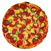 [GF] Pepperpineapeno · Gluten-free. Pepperoni, big slices of fresh pineapple and fresh jalapeno peppers on a marina...