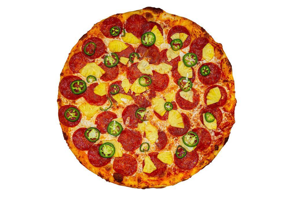 [GF] Pepperpineapeno · Gluten-free. Pepperoni, big slices of fresh pineapple and fresh jalapeno peppers on a marinara base. Gluten free pies are 12